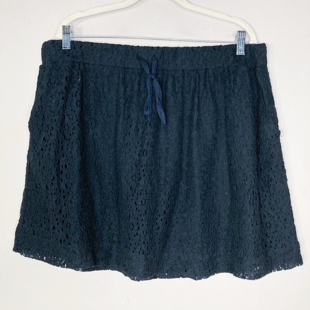 Lou & Grey XL Black Mini Skirt Eyelet Pockets Drawstring Waist A-Line Lace NWT